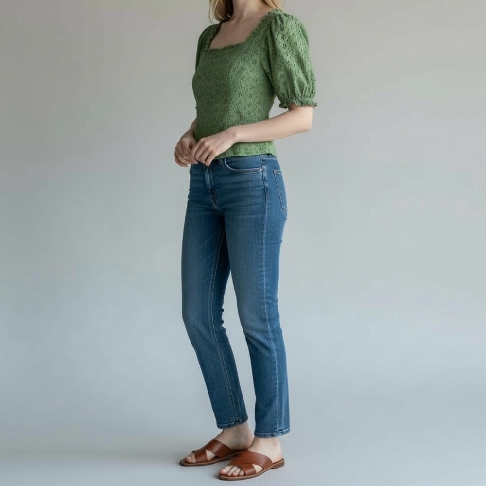SOLD Rachel Parcell Green Eyelet Puff Sleeve Top Square Neck Smocked Back XS
